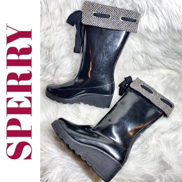 SPERRY Tall Black Wedge Fold Over Rubber Duck Boot Flannel Lining, Size 8 - Picture 1 of 11